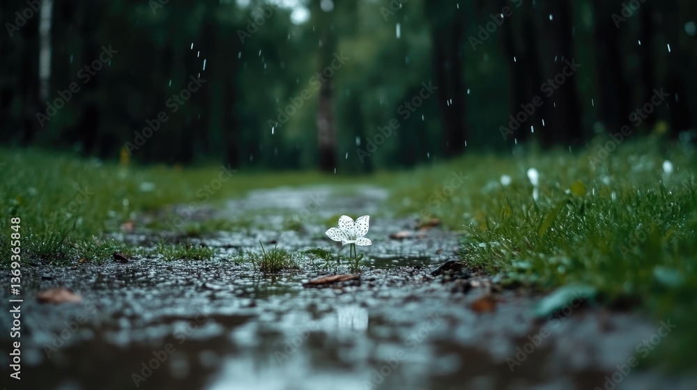 Fototapeta premium A single white flower in a rainy park path