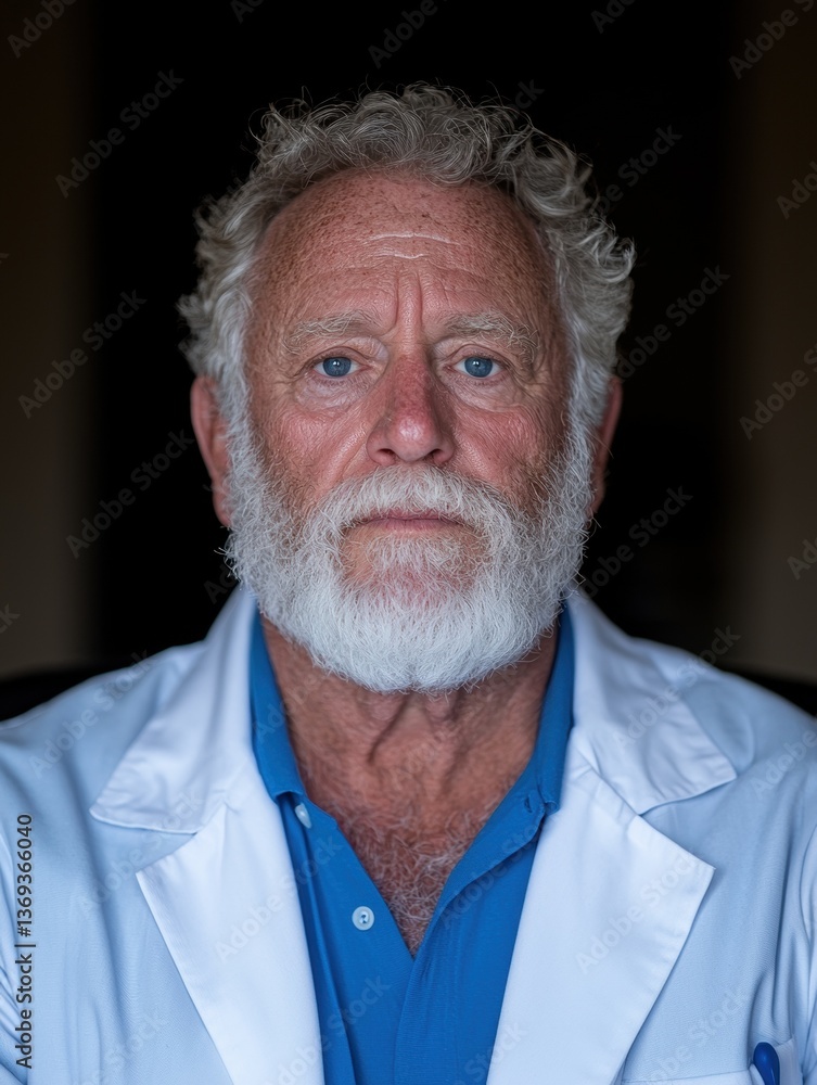 Portrait of a mature man with a beard wearing a lab coat. Portrait of a mature man with a beard wearing a lab coat.