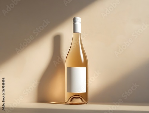 Elegant bottle of white wine with blank label standing in warm natural light casting soft shadows on beige surface, minimal aesthetic suitable for branding, product mockup, or advertisement.

