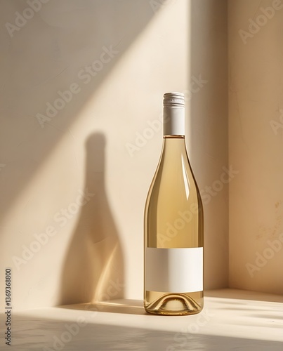 Elegant bottle of white wine with blank label standing in warm natural light casting soft shadows on beige surface, minimal aesthetic suitable for branding, product mockup, or advertisement.

