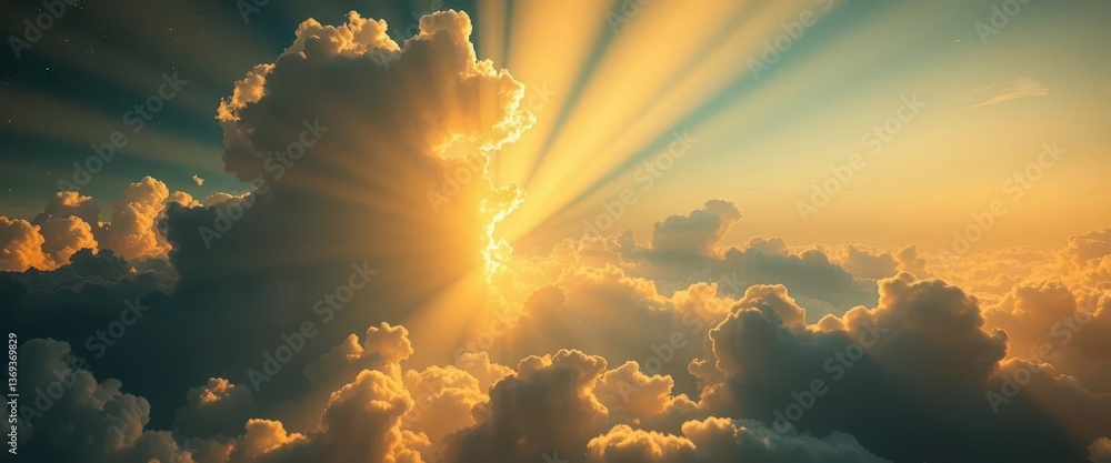 Obraz premium Golden light rays burst through clouds, celestial scene, dreamlike, golden hour