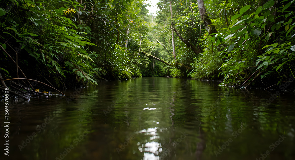 Tranquil Forest Stream With Lush Green Vegetation Tranquil Forest Stream With Lush Green Vegetation