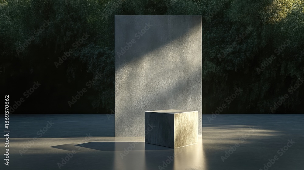 Minimalist concrete display podium amidst greenery Minimalist concrete display podium amidst greenery