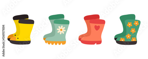 Retro flat style a pair of rain boots clipart collection. Perfect for poster, card, label, sticker. Isolated vector illustration for decor and design.