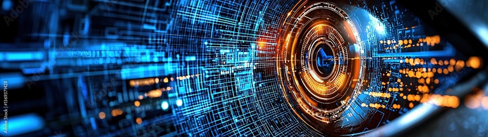 Stylized illustration of a futuristic eye symbolizing vision and technology, featuring intricate patterns and vibrant colors in a digital environment Stylized illustration of a futuristic eye symbolizing vision and technology, featuring intricate patterns and vibrant colors in a digital environment