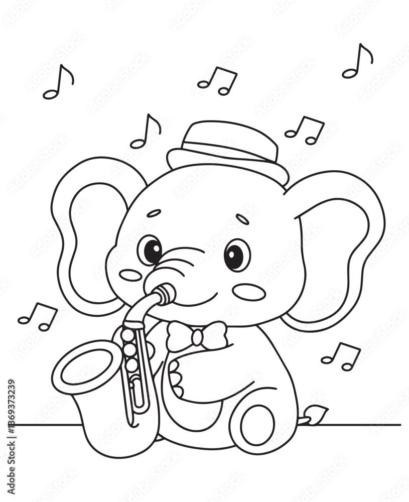 Obraz premium Coloring book elephant playing a saxophone, wearing a hat and bow tie, with musical notes around