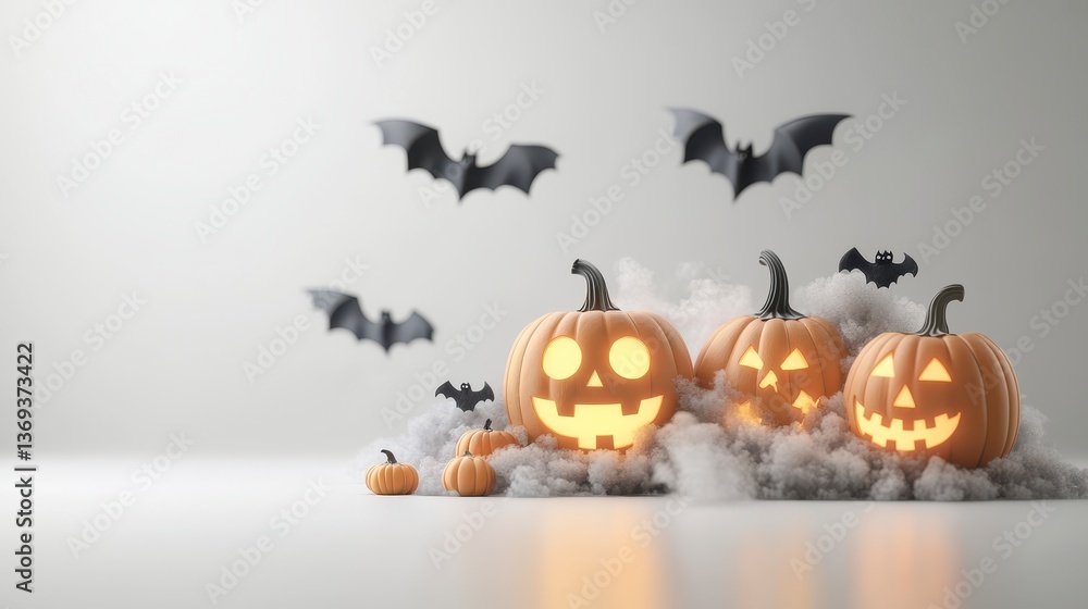 Illuminated Jack o' lanterns and Bats Halloween Scene Illuminated Jack o' lanterns and Bats Halloween Scene
