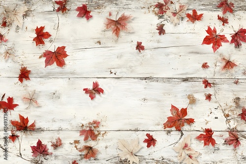 Autumn maple leaves on rustic white wood background for Thanksgiving and fall season design