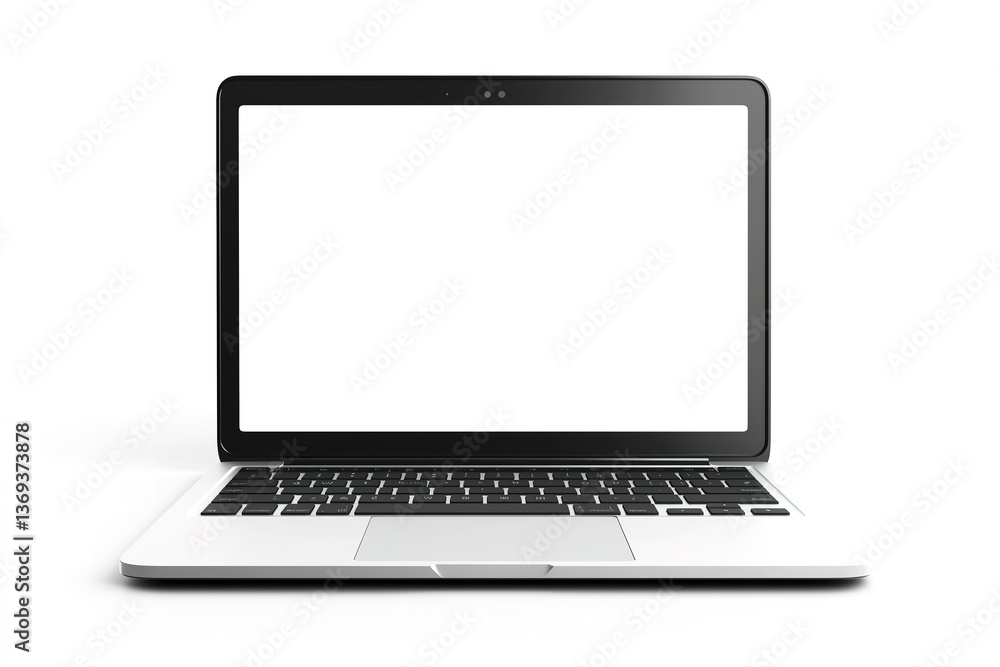 Front View of a Modern Laptop Computer with a Blank White Screen Isolated on a Clean White Studio Background for Mockup Purposes Front View of a Modern Laptop Computer with a Blank White Screen Isolated on a Clean White Studio Background for Mockup Purposes