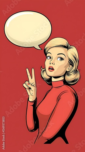 Retro Woman Peace Sign Speech Bubble.