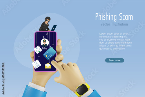 Cyber crime, online phishing scam in digital devices. Businessman hand holding smartphone with phishing hooks on SMS fraud link, credit card, password hacking and fake police. Vector.