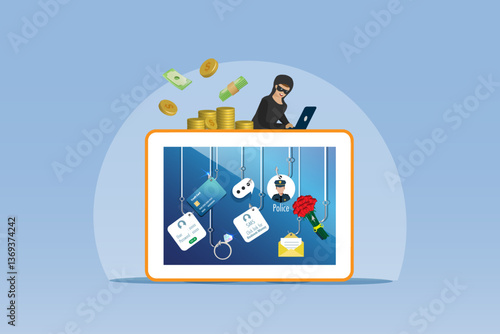 Cyber crime, online phishing scam in digital devices. Phishing hooks on SMS fraud link, credit card, password hacking, fake police and romance scam. Vector.