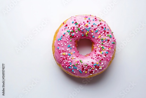 Single Delicious Pink Frosted Donut Covered with Colorful Rainbow Sprinkles Viewed from Above Isolated on a Plain White Background