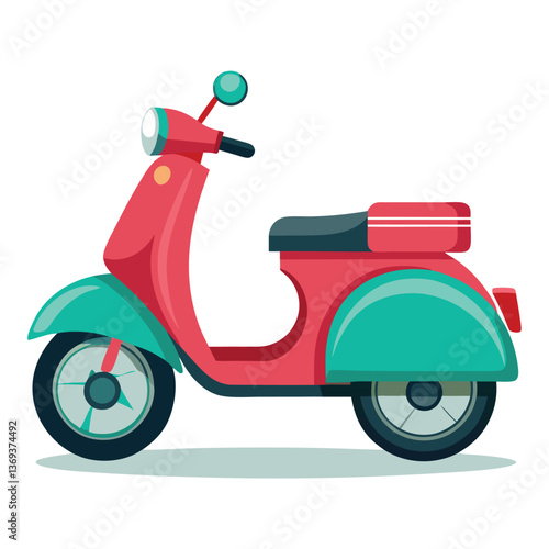 A Classic Red and Teal Vintage Scooter Illustration a Two Wheeled Motorized Vehicle