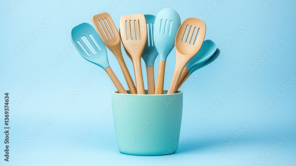 A set of wooden and silicone cooking utensils in a ceramic holder. A set of wooden and silicone cooking utensils in a ceramic holder.