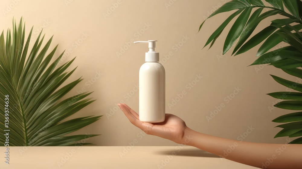 Hand holds white bottle of lotion with tropical leaves Hand holds white bottle of lotion with tropical leaves