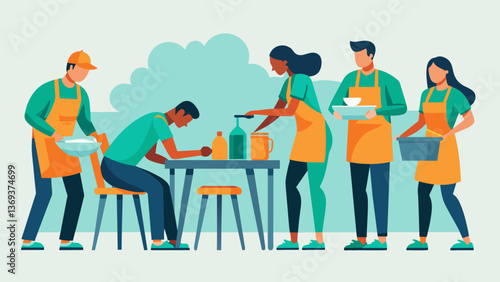 A team of volunteers cleaning up and putting away tables and chairs after a busy day at a soup kitchen feeling fulfilled and proud of their. Vector illustration
