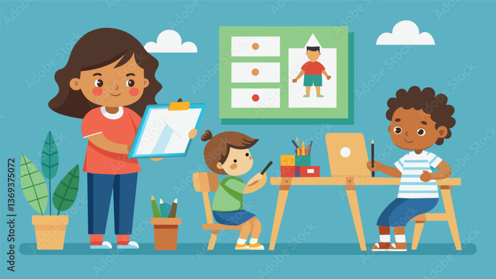 Artist stations offer children the chance to create their own illustrations for their favorite stories encouraging their creativity and imagination.. Vector illustration Artist stations offer children the chance to create their own illustrations for their favorite stories encouraging their creativity and imagination.. Vector illustration