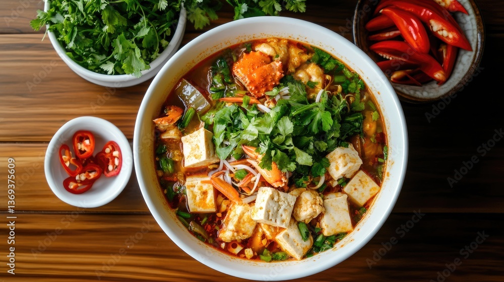 Delicious noodle soup with fresh vegetables and herbs in a bowl Delicious noodle soup with fresh vegetables and herbs in a bowl