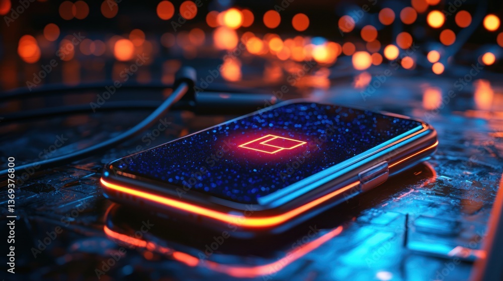 A smartphone plugged into a fast charger, with a glowing battery icon. A smartphone plugged into a fast charger, with a glowing battery icon.