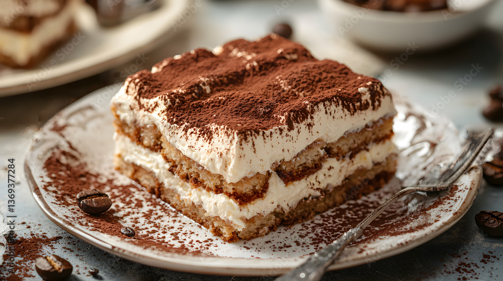 Delicious Tiramisu Dessert with Creamy Layers and Cocoa Powder on a Rustic Plate Delicious Tiramisu Dessert with Creamy Layers and Cocoa Powder on a Rustic Plate