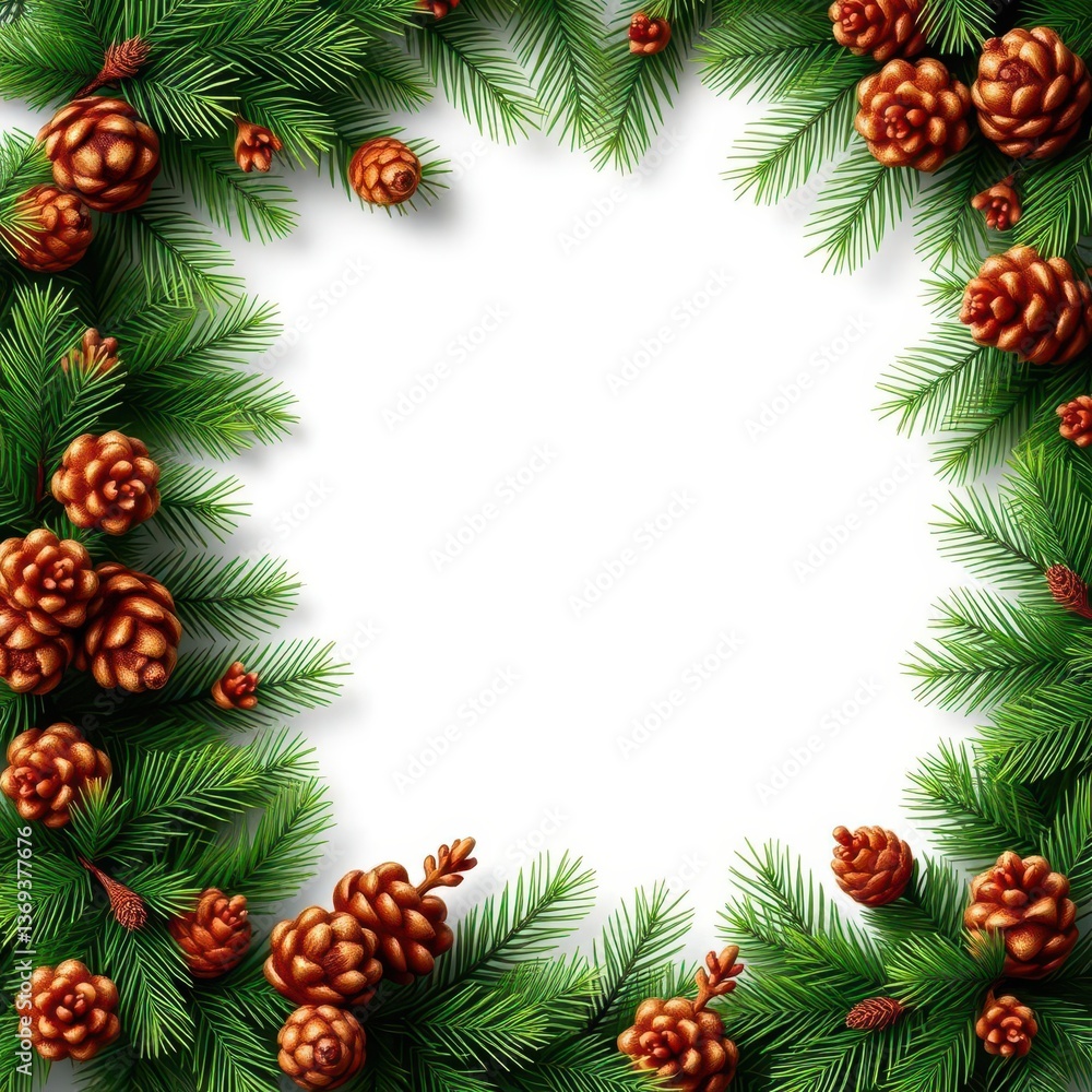 Elegant Christmas border of lush fir branches interwoven with rustic pine cones, brown, design Elegant Christmas border of lush fir branches interwoven with rustic pine cones, brown, design