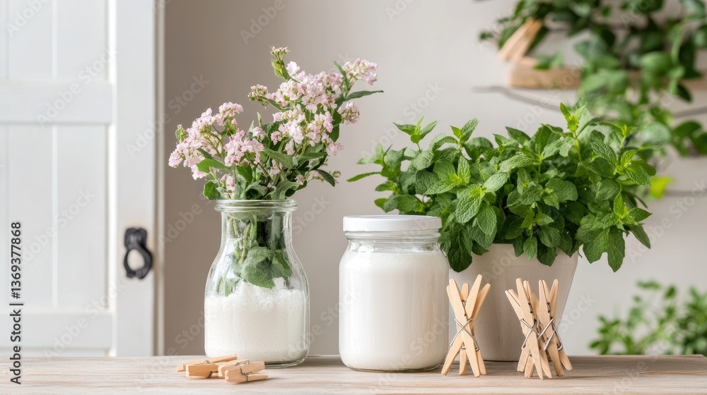 Fresh Herbs and Dairy Products in a Rustic Kitchen Setting Fresh Herbs and Dairy Products in a Rustic Kitchen Setting