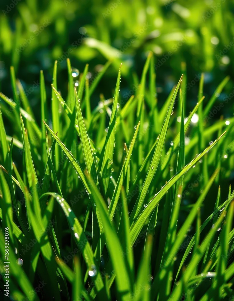 Obraz premium Emerald blades of grass, glistening with morning dew, leaf, moisture