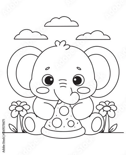 Coloring book elephant eating a slice of pizza, sitting between flowers under a cloudy sky