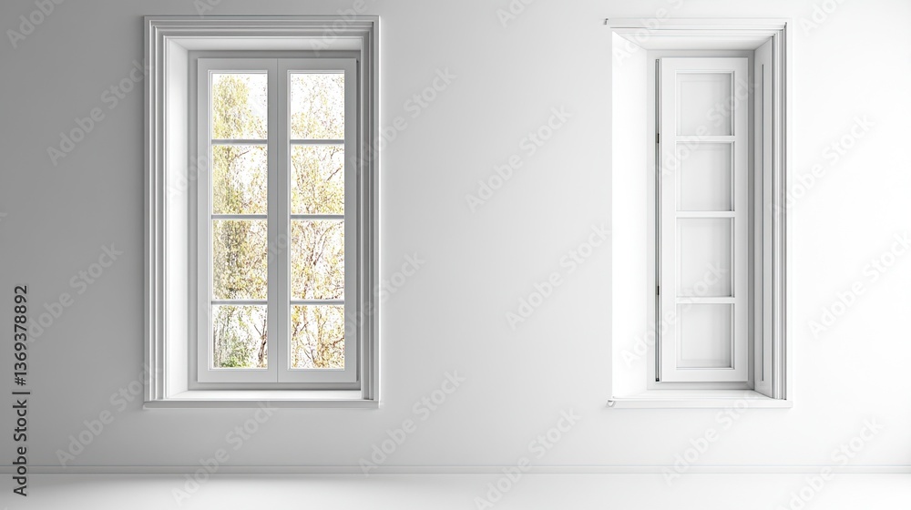 Open white window on a plain white wall, creating an airy feel with natural light and evoking a sense of calm and serenity in a modern space. Open white window on a plain white wall, creating an airy feel with natural light and evoking a sense of calm and serenity in a modern space.