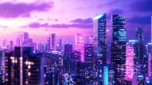 Vibrant City Skyline at Dusk with Neon Lights and Colorful Skies