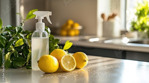 A bottle of all-purpose cleaner on a kitchen counter, surrounded by fresh lemons.
