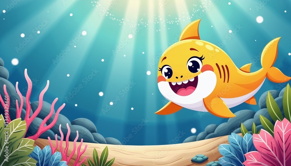 Obraz premium Cartoon yellow shark swimming in ocean with coral reef