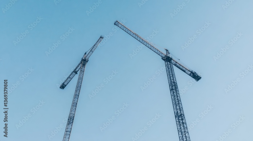 Two construction cranes against a clear sky Two construction cranes against a clear sky