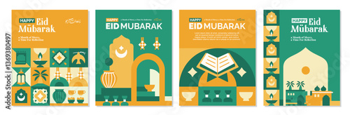 a set of banners, posters, greeting cards and ramadan kareem covers green color with islamic elements, moon, mosque and islamic icons	