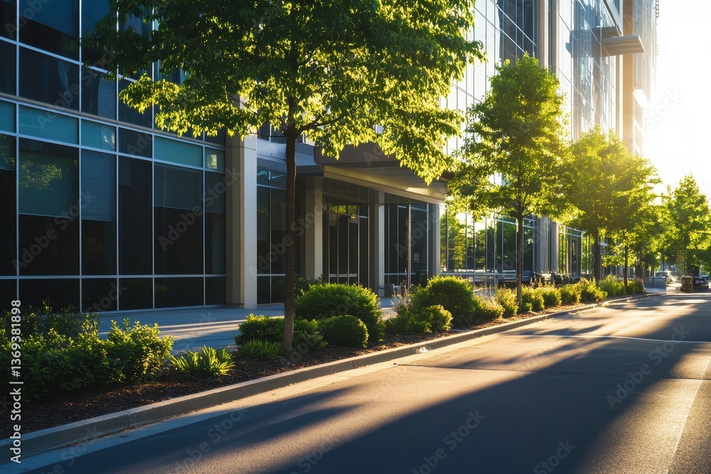 A sunlit urban scene featuring trees and modern buildings along a paved walkway. A sunlit urban scene featuring trees and modern buildings along a paved walkway.