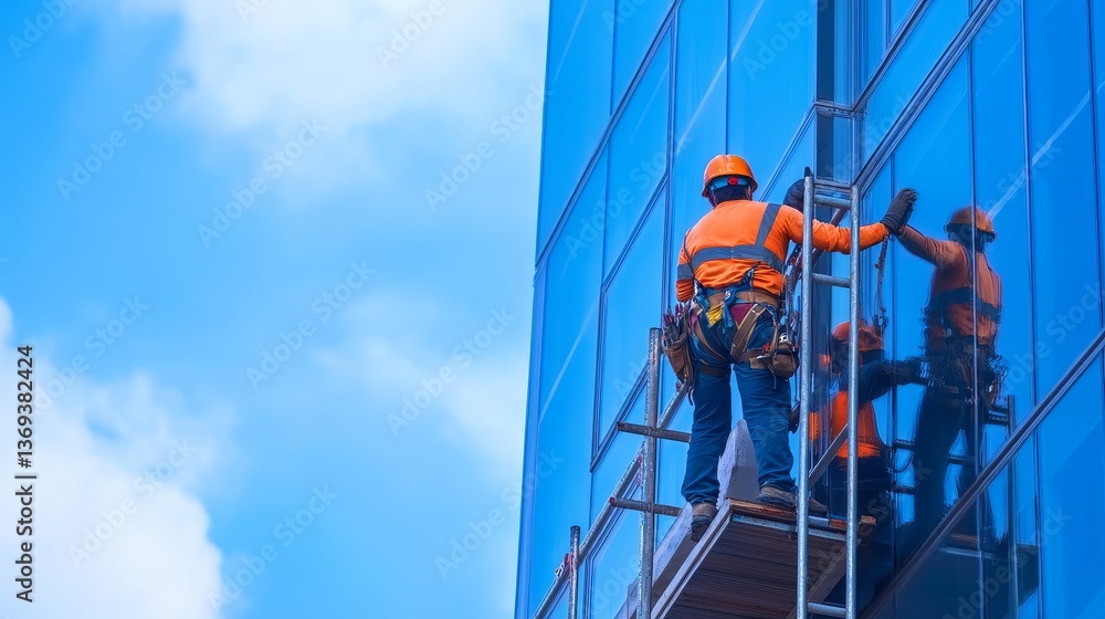 Fototapeta premium Construction worker cleaning glass windows on a high-rise building under a blue sky