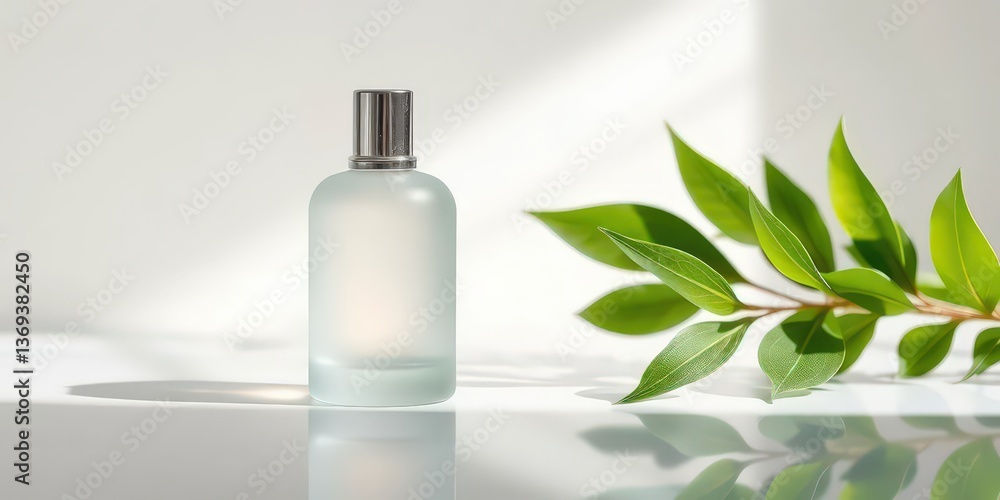 Elegant Perfume Bottle with Green Leaves and Sunlight Elegant Perfume Bottle with Green Leaves and Sunlight