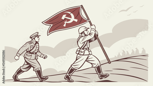 Two Soviet Soldiers Victoriously Marching with Flag – Vector SVG