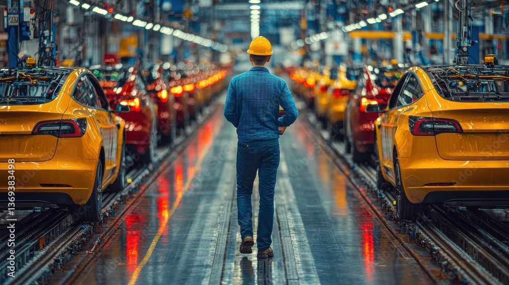 Automated Car Production Line in a Modern Factory with Workers Wearing Yellow Helmets Overseeing the Efficient Manufacturing Process of Vehicles on a Conveyor Belt Automated Car Production Line in a Modern Factory with Workers Wearing Yellow Helmets Overseeing the Efficient Manufacturing Process of Vehicles on a Conveyor Belt