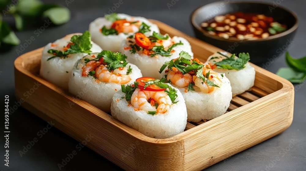 Delicious Shrimp Sushi Rolls with Fresh Herbs and Sauce on Wooden Tray Delicious Shrimp Sushi Rolls with Fresh Herbs and Sauce on Wooden Tray