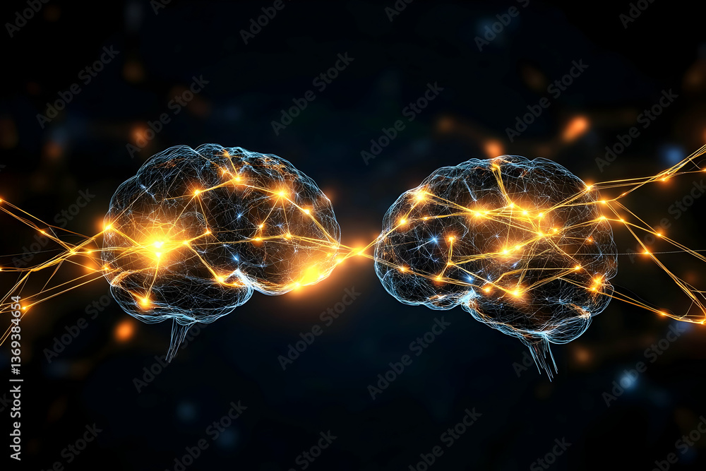 Abstract 3D Illustration of Two Brains Connected by Glowing Neural Pathways, Representing Networked Intelligence and Cognitive Processes