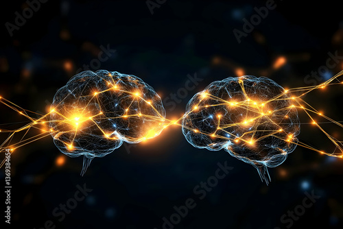 Obraz na płótnie Abstract 3D Illustration of Two Brains Connected by Glowing Neural Pathways, Representing Networked Intelligence and Cognitive Processes w salonie