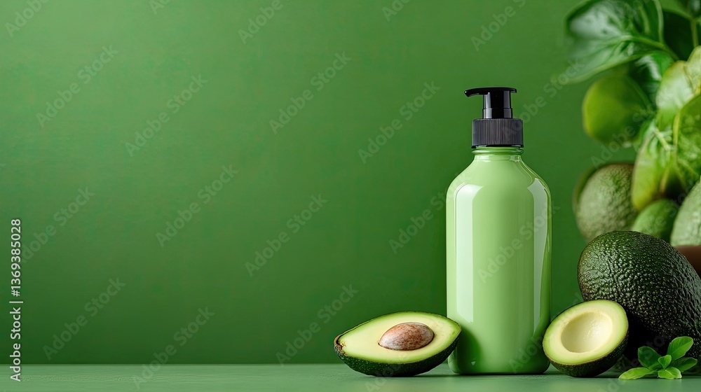 Green Bottle with Avocado Slice on Smooth Green Background Green Bottle with Avocado Slice on Smooth Green Background