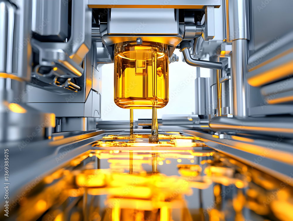 3D Render of Industrial Machine Dispensing Golden Liquid onto a Conveyor Belt with Precise Accuracy in a Manufacturing Process