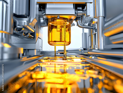Obraz na płótnie 3D Render of Industrial Machine Dispensing Golden Liquid onto a Conveyor Belt with Precise Accuracy in a Manufacturing Process w salonie