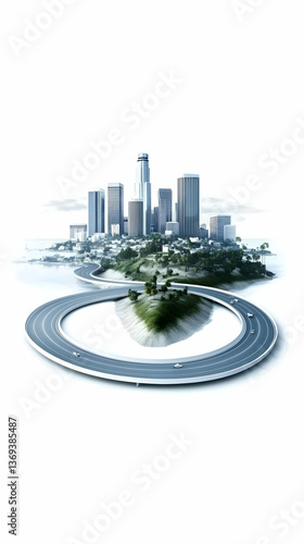 3D Render of a Cityscape on an Island Surrounded by a Circular Highway