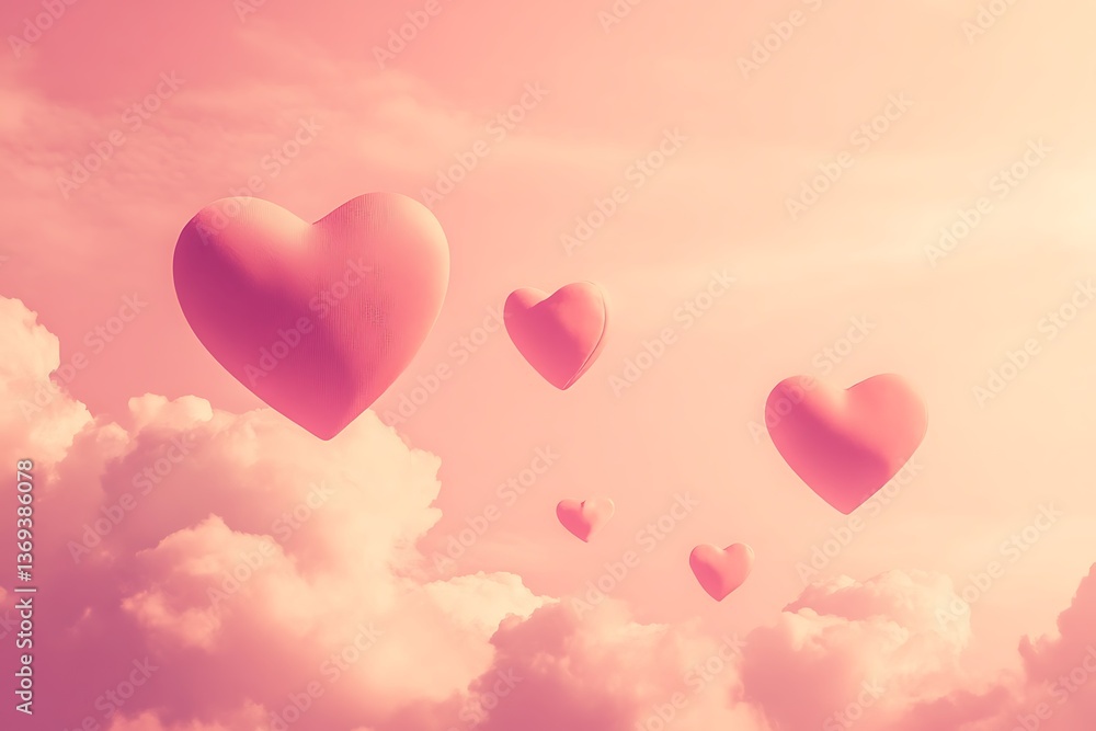 Pink hearts floating in a dreamy sky with fluffy clouds for Valentine's Day concept Pink hearts floating in a dreamy sky with fluffy clouds for Valentine's Day concept