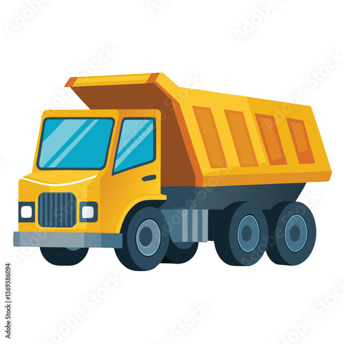 A cartoon illustration of a yellow dump truck on a white background