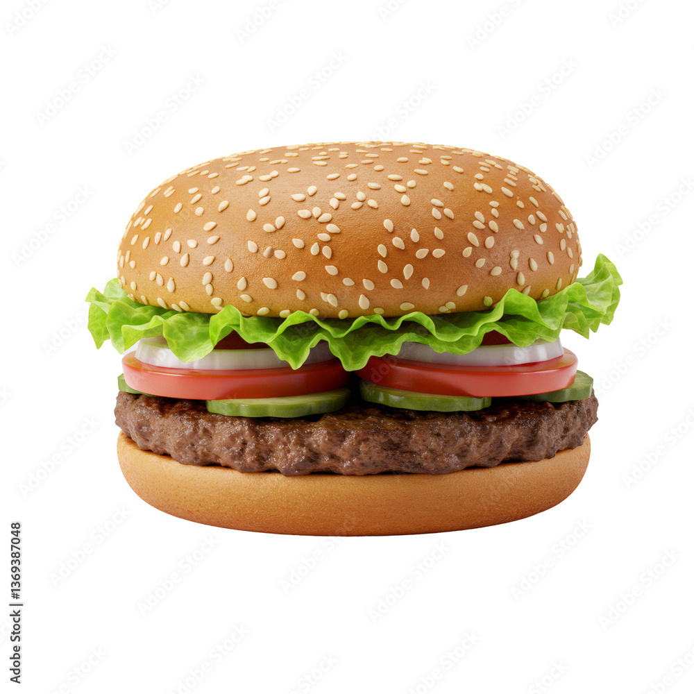 Juicy Beef Hamburger with Sesame Bun Lettuce Tomato and Cucumber Juicy Beef Hamburger with Sesame Bun Lettuce Tomato and Cucumber